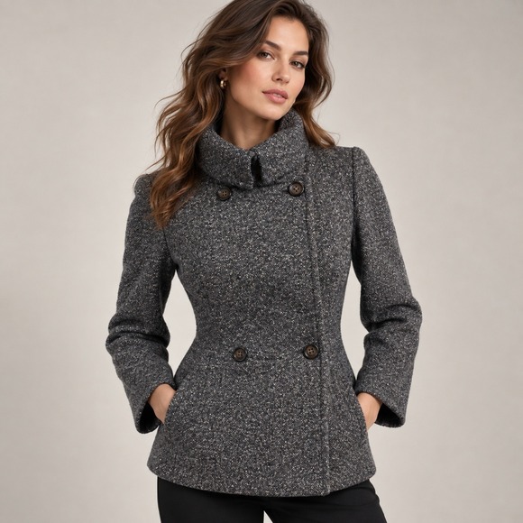 Banana Republic Jackets & Blazers - Banana Republic Funnel Neck Coat Women 0 Grey Wool Silk Mad Men Tweed Academia